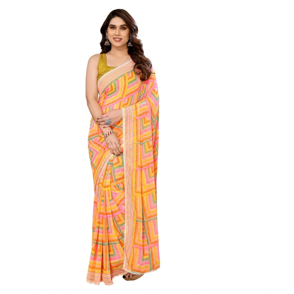 Seduva Women's Small Lace Georgette Printed Ready-to-Wear Saree With Unstitched Blouse 5.5 Mtr (Yellow)
