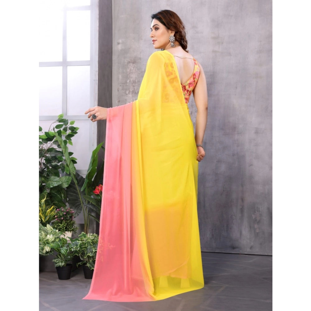 Seduva Women's Small Lace Georgette Solid Ready-to-Wear Saree With Unstitched Blouse 5.5 Mtr (Pink-Yellow)