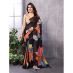 Seduva Women's Small Lace Georgette Printed Ready-to-Wear Saree With Unstitched Blouse 5.5 Mtr (Black)