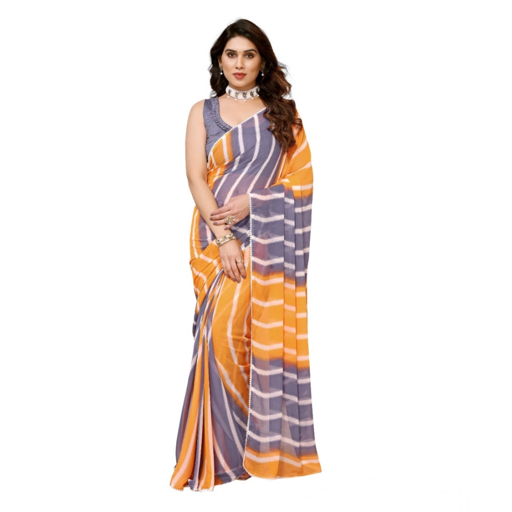 Seduva Women's Small Lace Georgette Striped Ready-to-Wear Saree With Unstitched Blouse 5.5 Mtr (Orange-Grey)