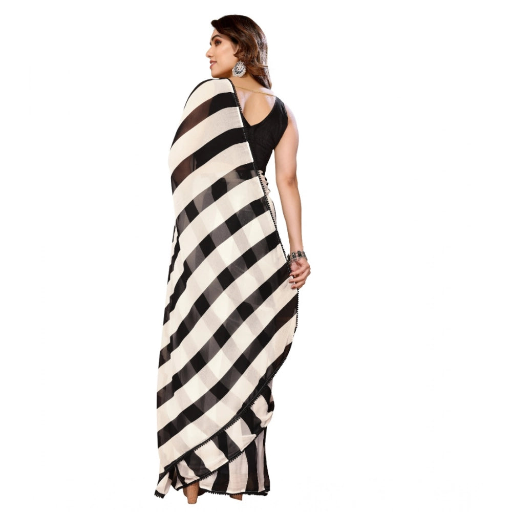 Seduva Women's Small Lace Georgette Striped Ready-to-Wear Saree With Unstitched Blouse 5.5 Mtr (Black-White)