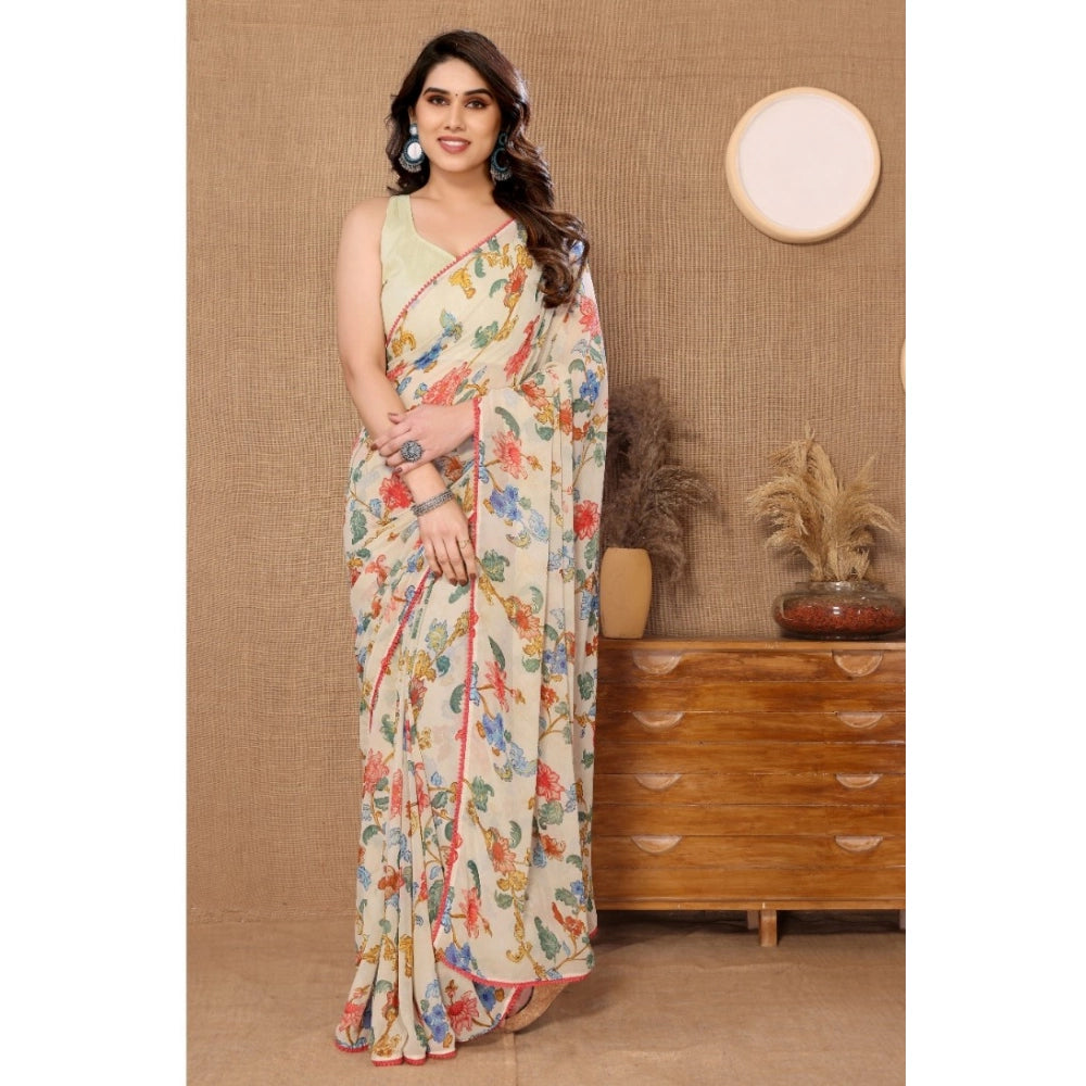 Seduva Women's Small Lace Georgette Printed Ready-to-Wear Saree With Unstitched Blouse 5.5 Mtr (Off White)