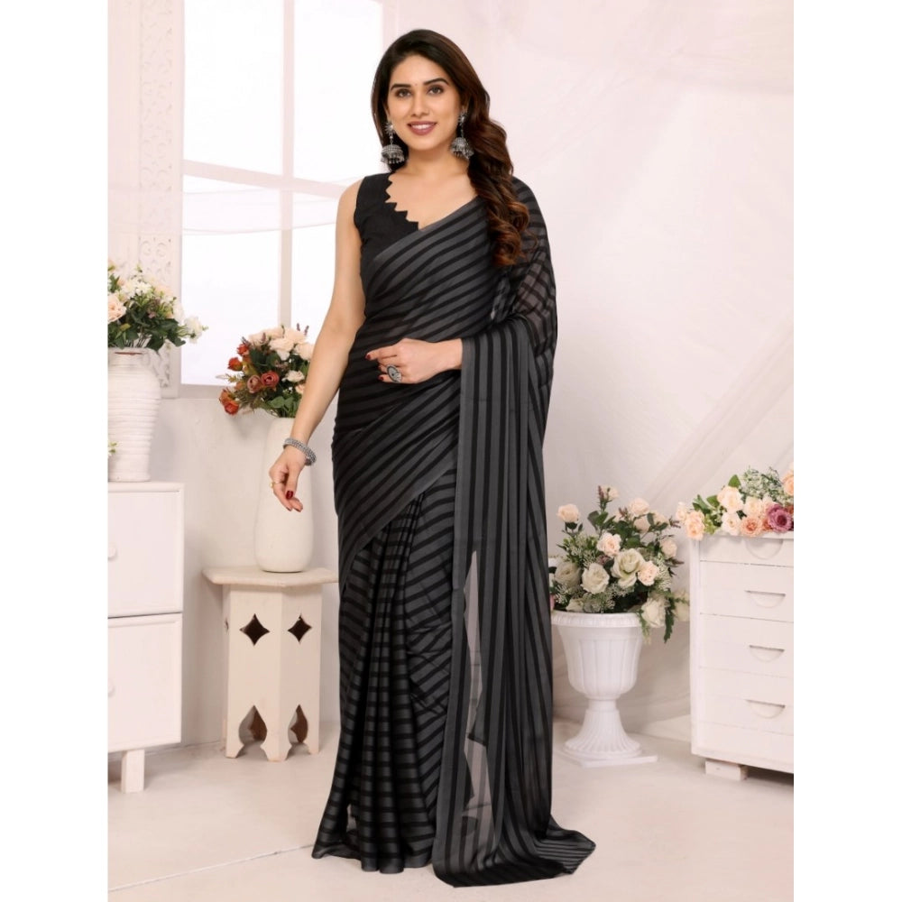 Seduva Women's  Black Berry Striped Ready-to-Wear Saree With Unstitched Blouse 5.5 Mtr (Grey-Black)