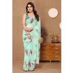 Seduva Women's Small Lace Georgette Printed Ready-to-Wear Saree With Unstitched Blouse 5.5 Mtr (Turquoise)