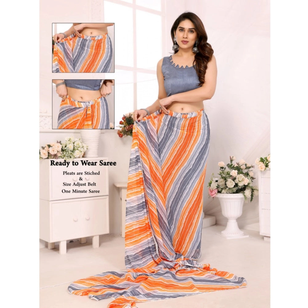 Seduva Women's Small Lace Georgette Striped Ready-to-Wear Saree With Unstitched Blouse 5.5 Mtr (Grey)