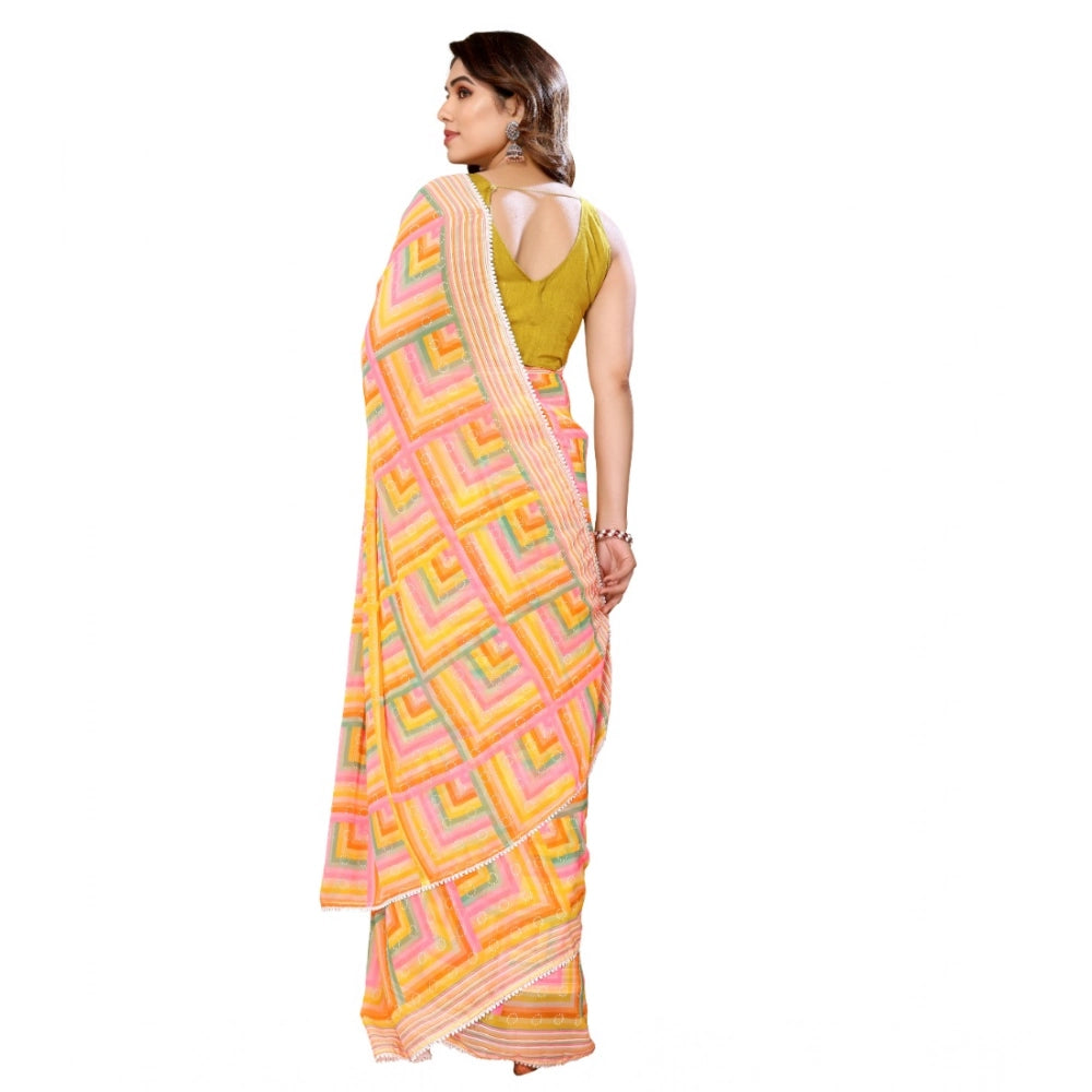Seduva Women's Small Lace Georgette Printed Ready-to-Wear Saree With Unstitched Blouse 5.5 Mtr (Yellow)