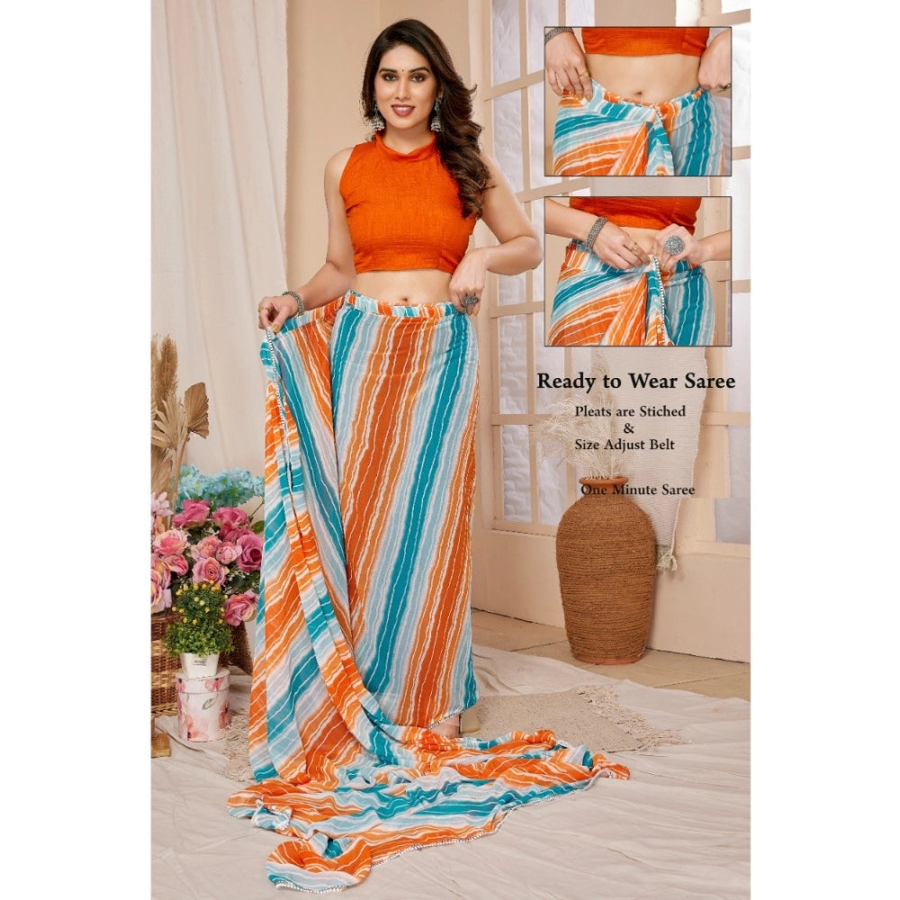 Seduva Women's Small Lace Georgette Striped Ready-to-Wear Saree With Unstitched Blouse 5.5 Mtr (Multicolor)
