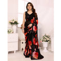 Seduva Women's Small Lace Georgette Printed Ready-to-Wear Saree With Unstitched Blouse 5.5 Mtr (Black-Red)