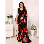 Seduva Women's Small Lace Georgette Printed Ready-to-Wear Saree With Unstitched Blouse 5.5 Mtr (Black-Red)