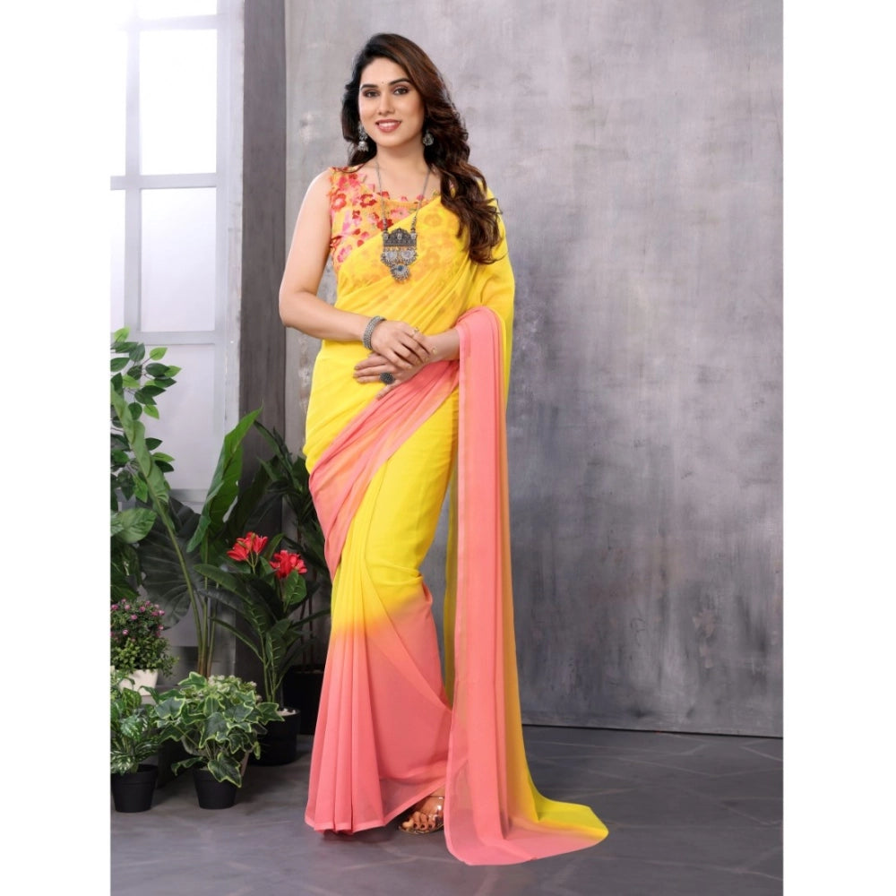 Seduva Women's Small Lace Georgette Solid Ready-to-Wear Saree With Unstitched Blouse 5.5 Mtr (Pink-Yellow)