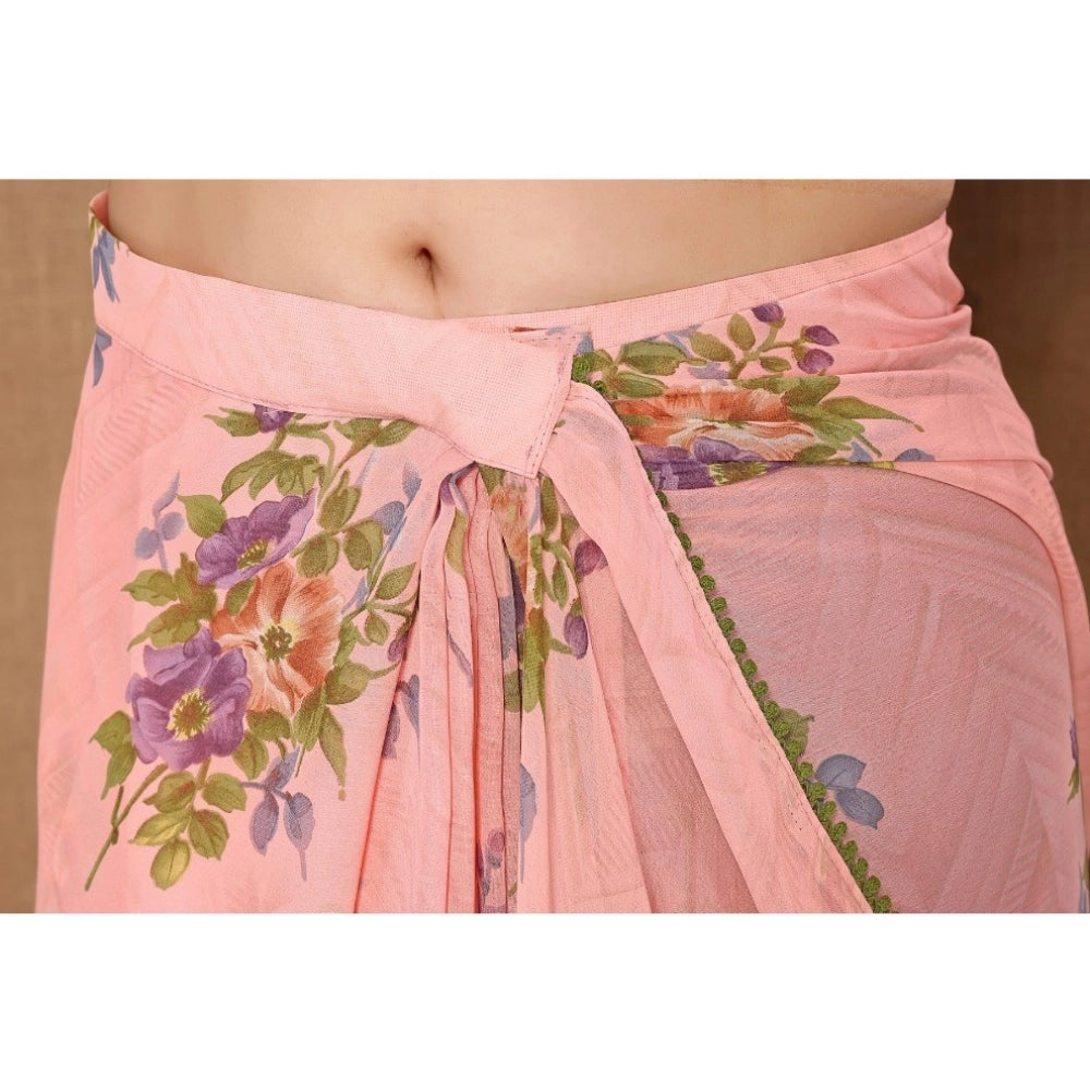Seduva Women's Small Lace Georgette Printed Ready-to-Wear Saree With Unstitched Blouse 5.5 Mtr (Peach)