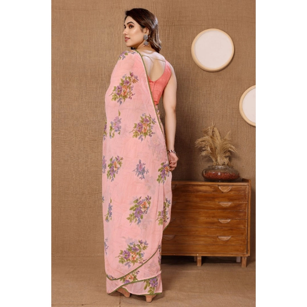 Seduva Women's Small Lace Georgette Printed Ready-to-Wear Saree With Unstitched Blouse 5.5 Mtr (Peach)