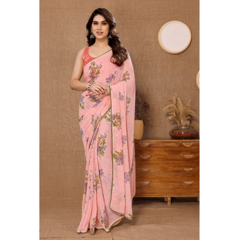 Seduva Women's Small Lace Georgette Printed Ready-to-Wear Saree With Unstitched Blouse 5.5 Mtr (Peach)