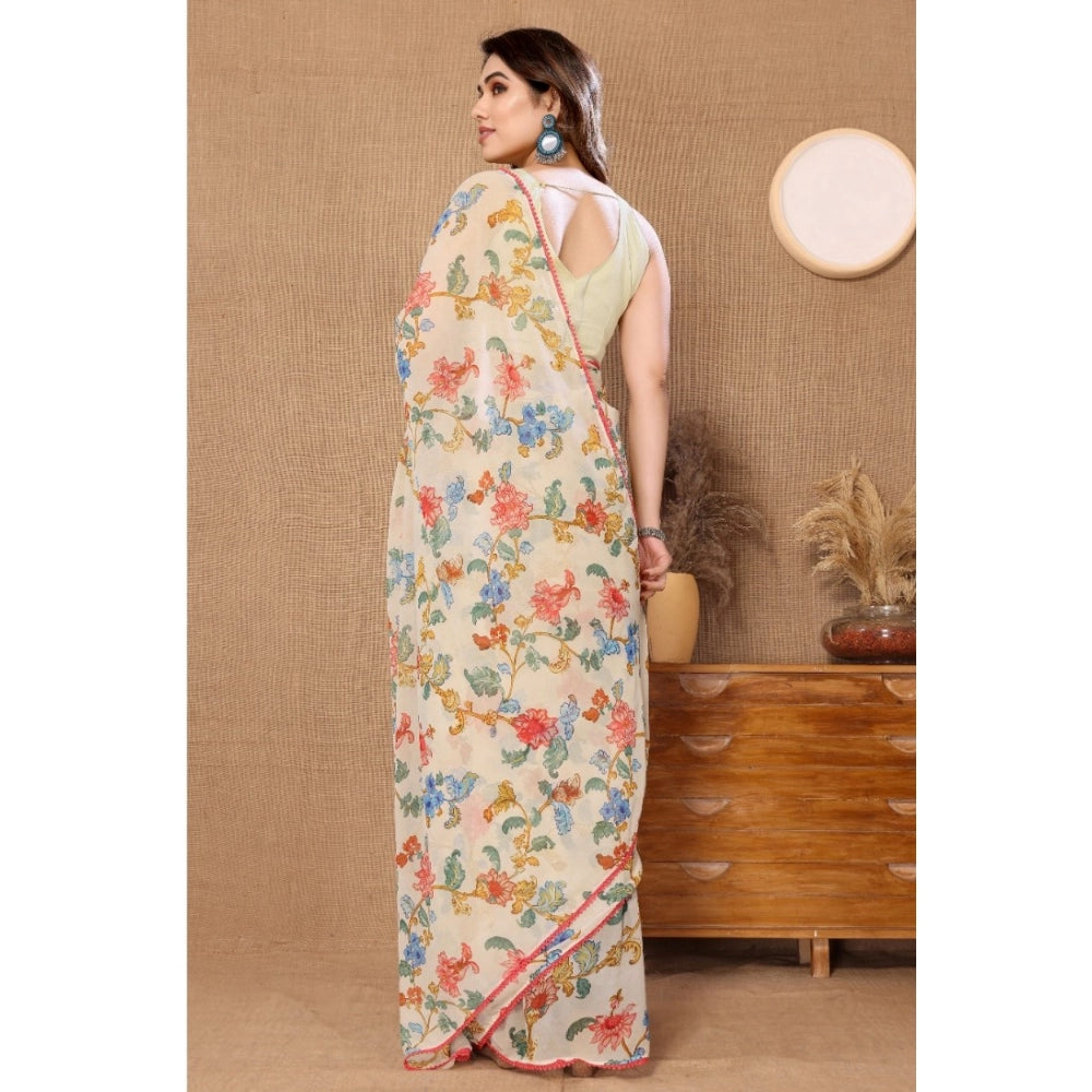 Seduva Women's Small Lace Georgette Printed Ready-to-Wear Saree With Unstitched Blouse 5.5 Mtr (Off White)