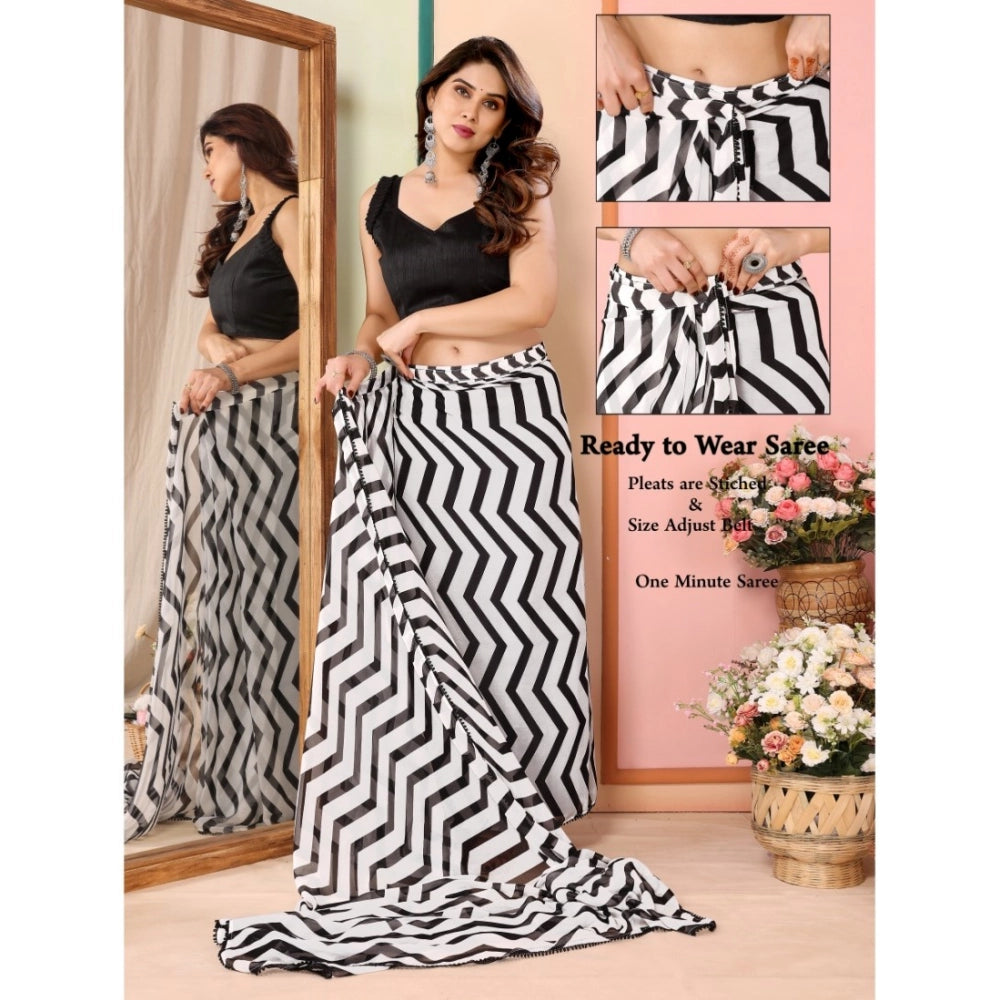 Seduva Women's Small Lace Georgette Striped Ready-to-Wear Saree With Unstitched Blouse 5.5 Mtr (Black)