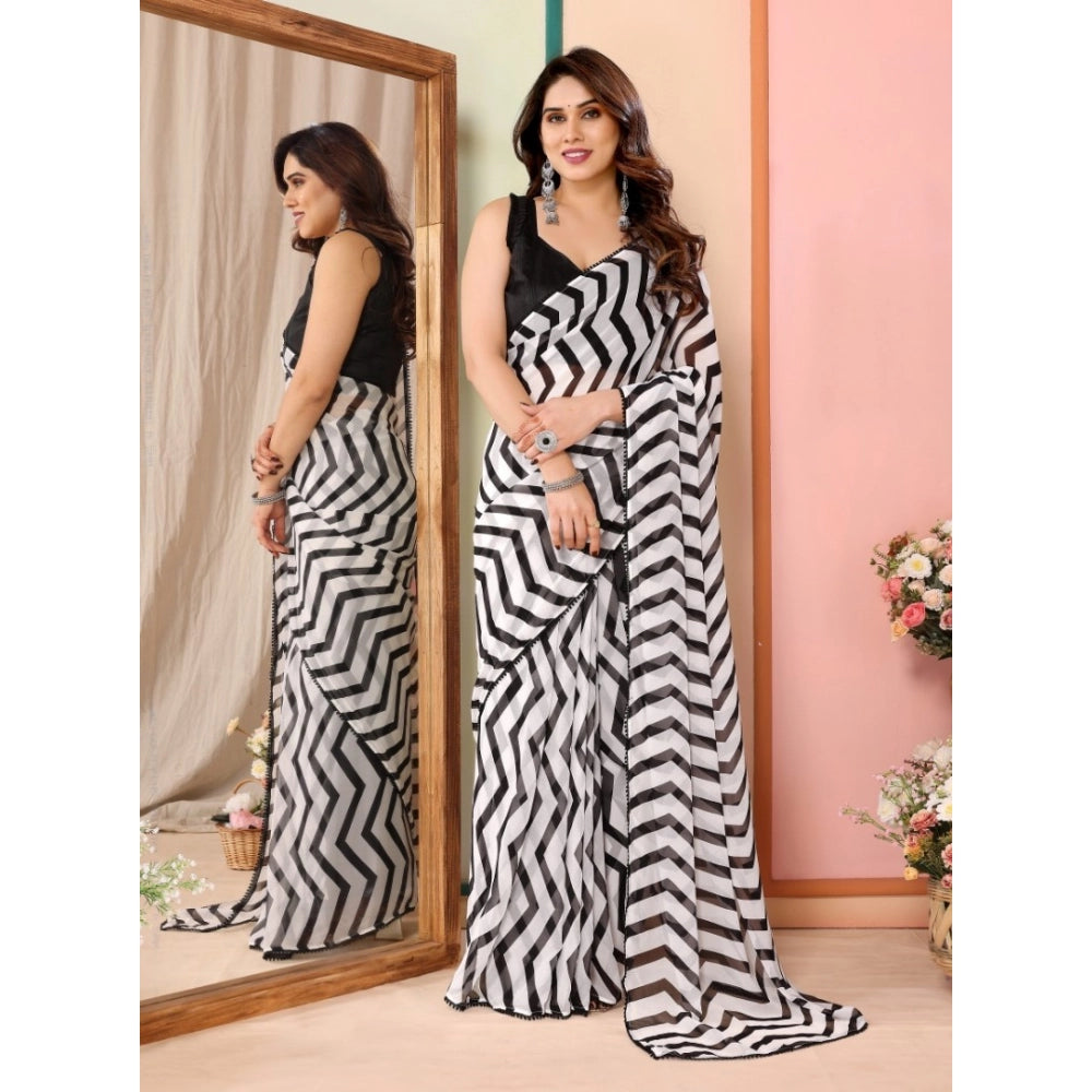 Seduva Women's Small Lace Georgette Striped Ready-to-Wear Saree With Unstitched Blouse 5.5 Mtr (Black)