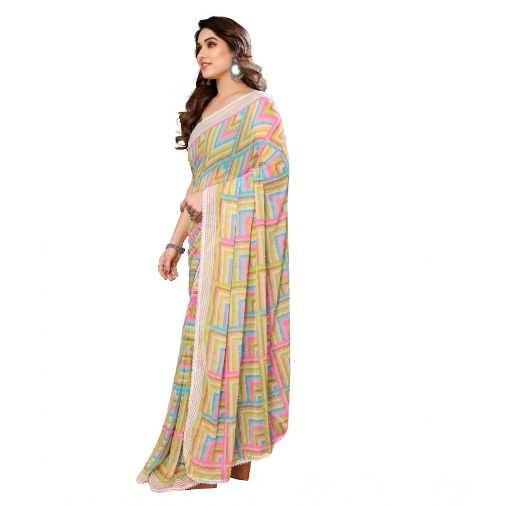 Seduva Women's Small Lace Georgette Printed Ready-to-Wear Saree With Unstitched Blouse 5.5 Mtr (Green)