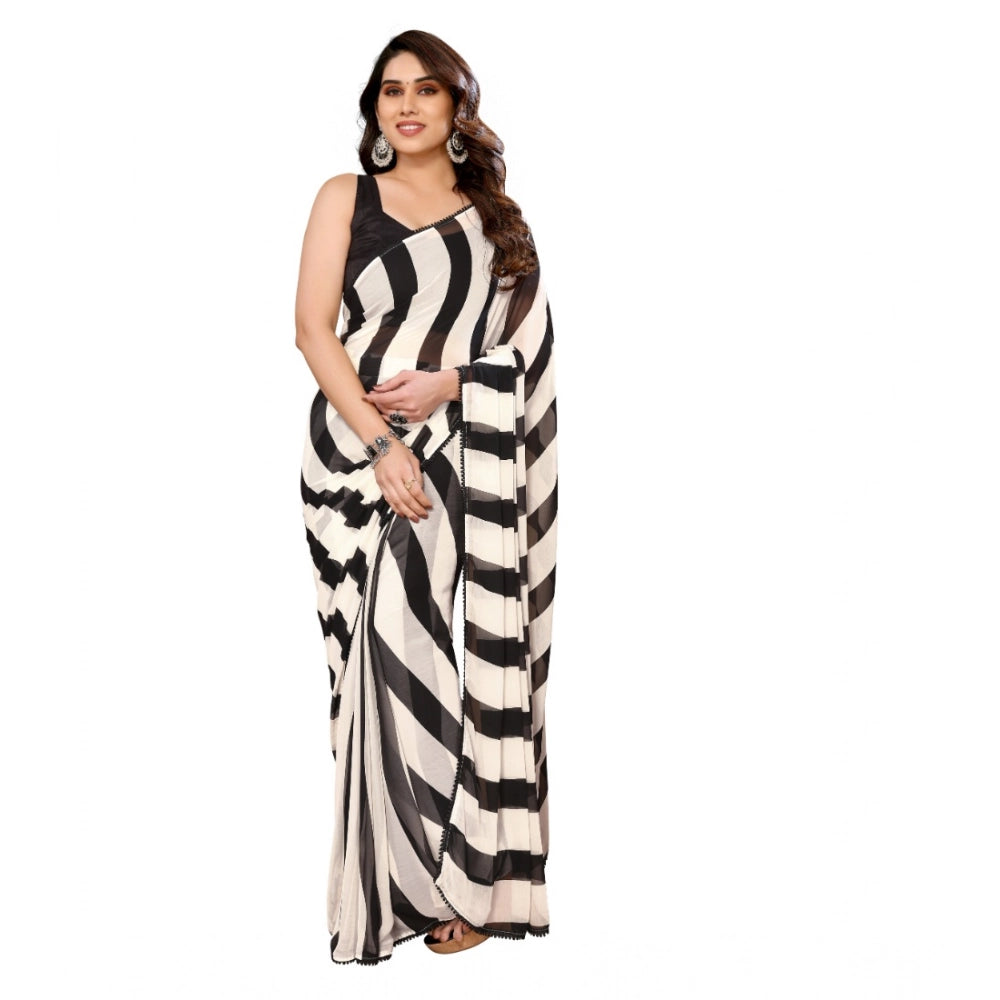 Seduva Women's Small Lace Georgette Striped Ready-to-Wear Saree With Unstitched Blouse 5.5 Mtr (Black-White)