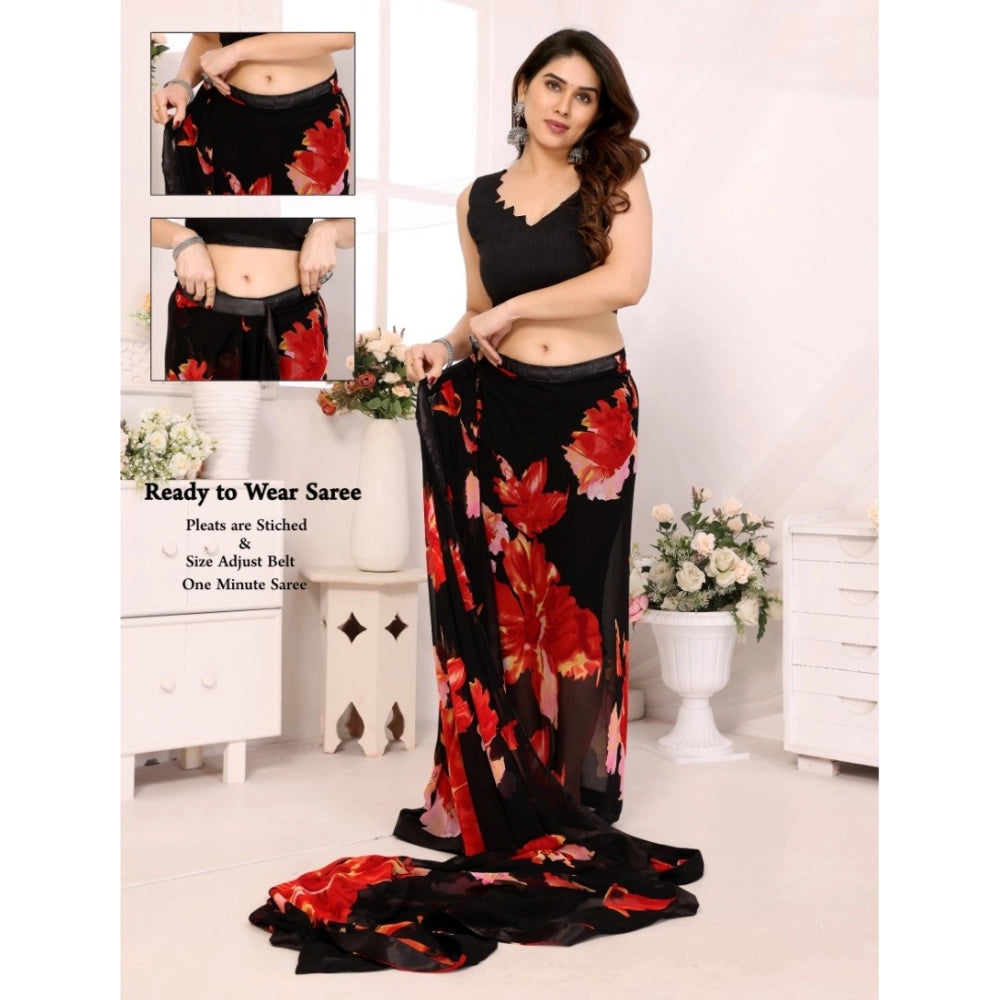 Seduva Women's Small Lace Georgette Printed Ready-to-Wear Saree With Unstitched Blouse 5.5 Mtr (Black-Red)