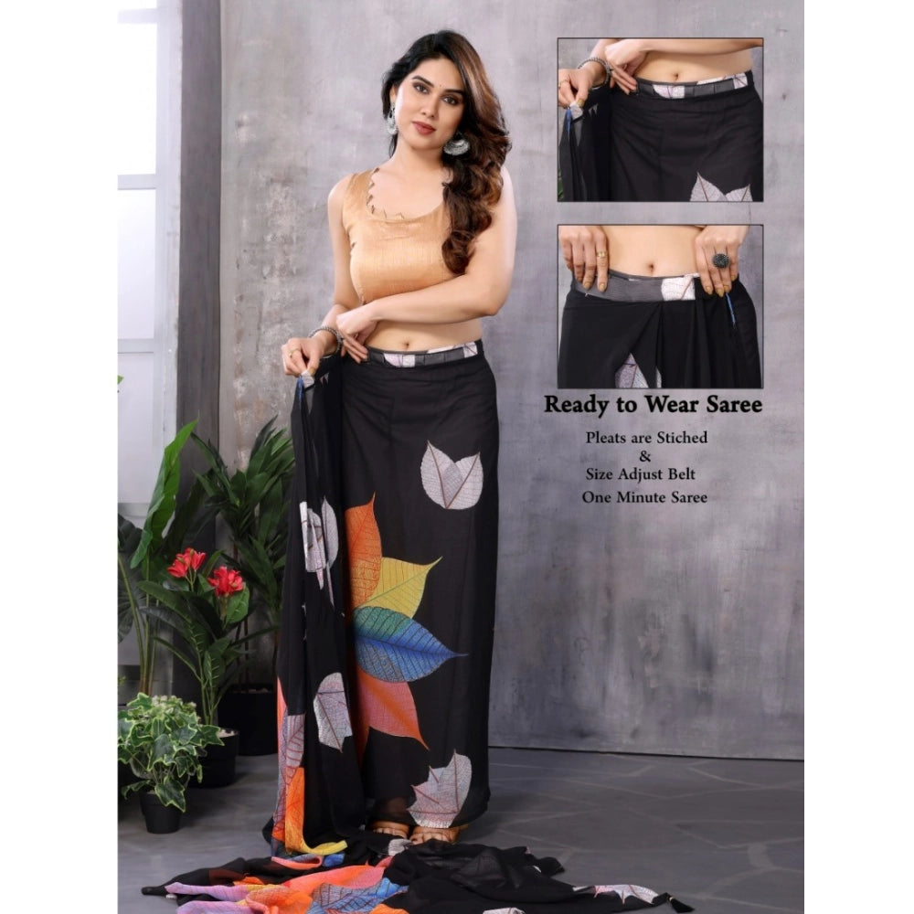Seduva Women's Small Lace Georgette Printed Ready-to-Wear Saree With Unstitched Blouse 5.5 Mtr (Black)