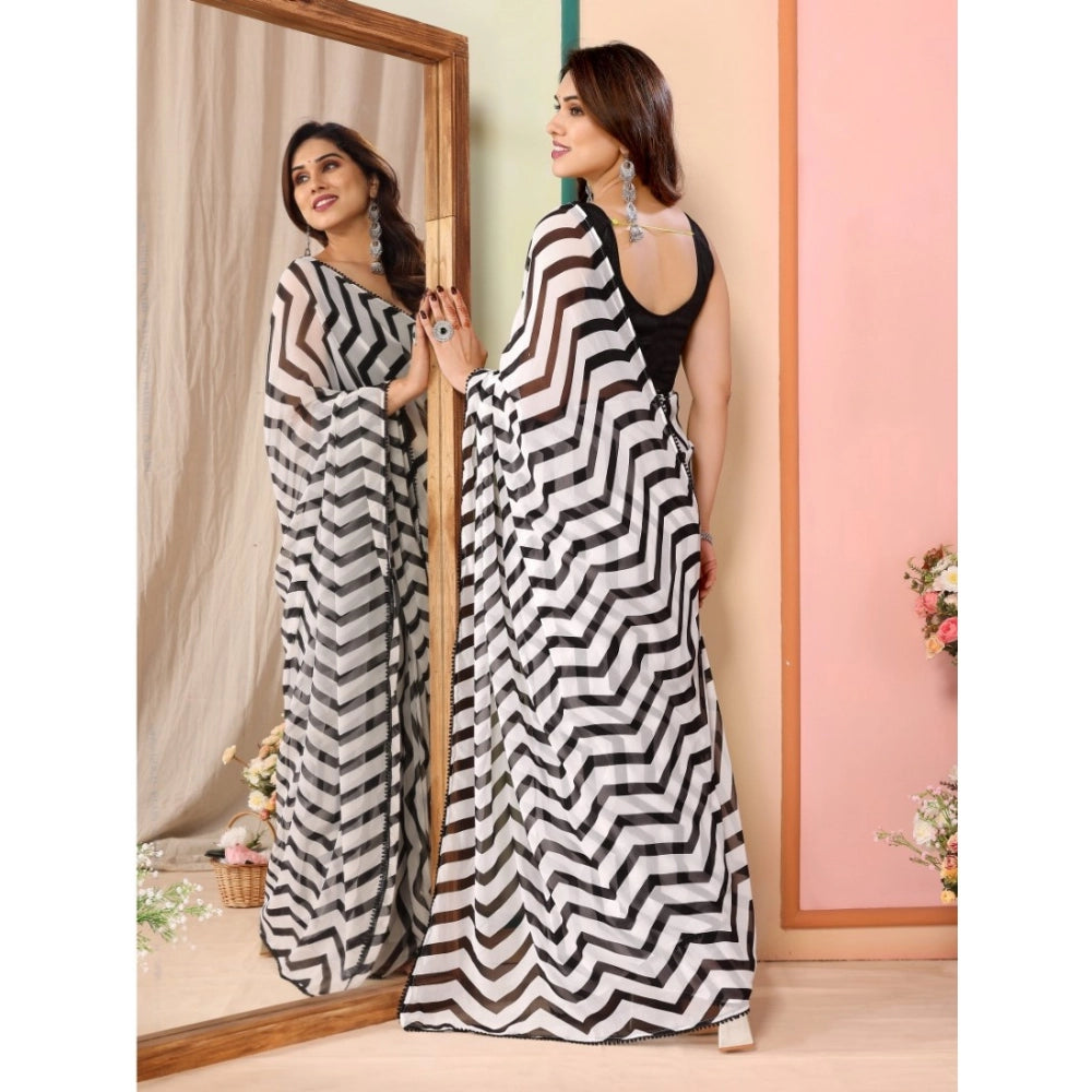Seduva Women's Small Lace Georgette Striped Ready-to-Wear Saree With Unstitched Blouse 5.5 Mtr (Black)