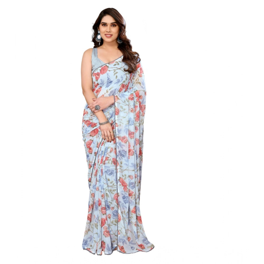 Seduva Women's Small Lace Georgette Printed Ready-to-Wear Saree With Unstitched Blouse 5.5 Mtr (Sky Blue)