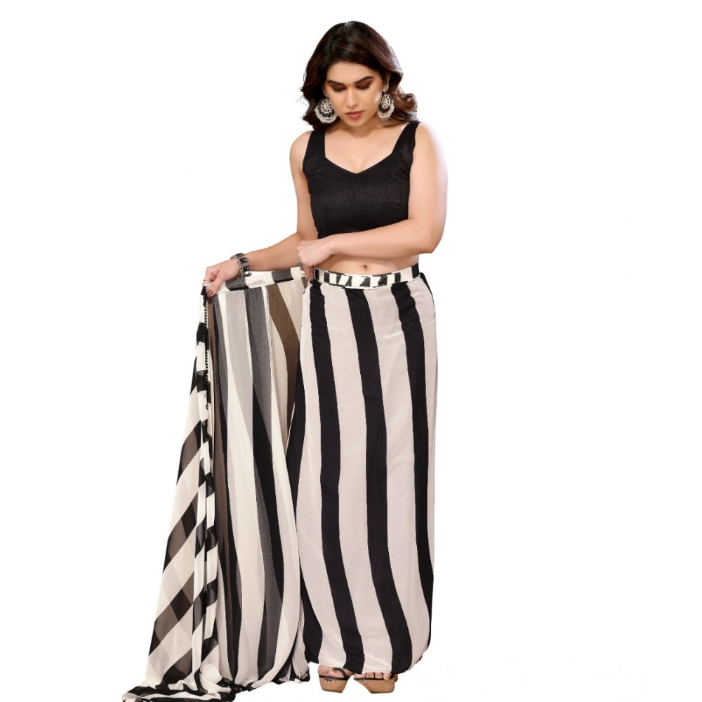 Seduva Women's Small Lace Georgette Striped Ready-to-Wear Saree With Unstitched Blouse 5.5 Mtr (Black-White)