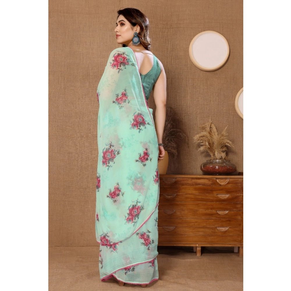 Seduva Women's Small Lace Georgette Printed Ready-to-Wear Saree With Unstitched Blouse 5.5 Mtr (Turquoise)