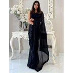 Seduva Women's Georgette Embellished Sequnece Bollywood Saree With Unstitched Blouse 5.5Mtr (Black)