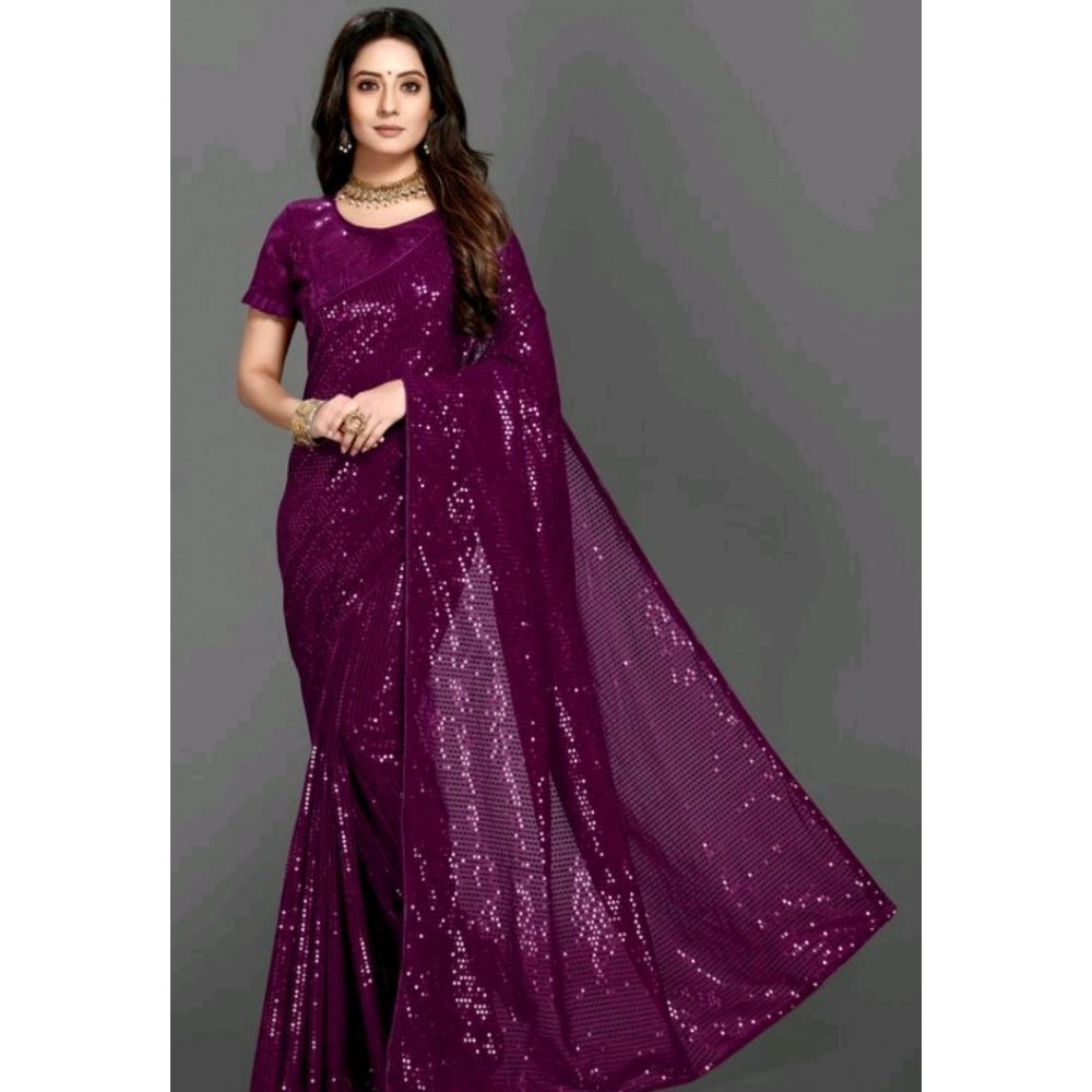 Seduva Women's Georgette Embellished Sequnece Bollywood Saree With Unstitched Blouse 5.5Mtr (Purple)