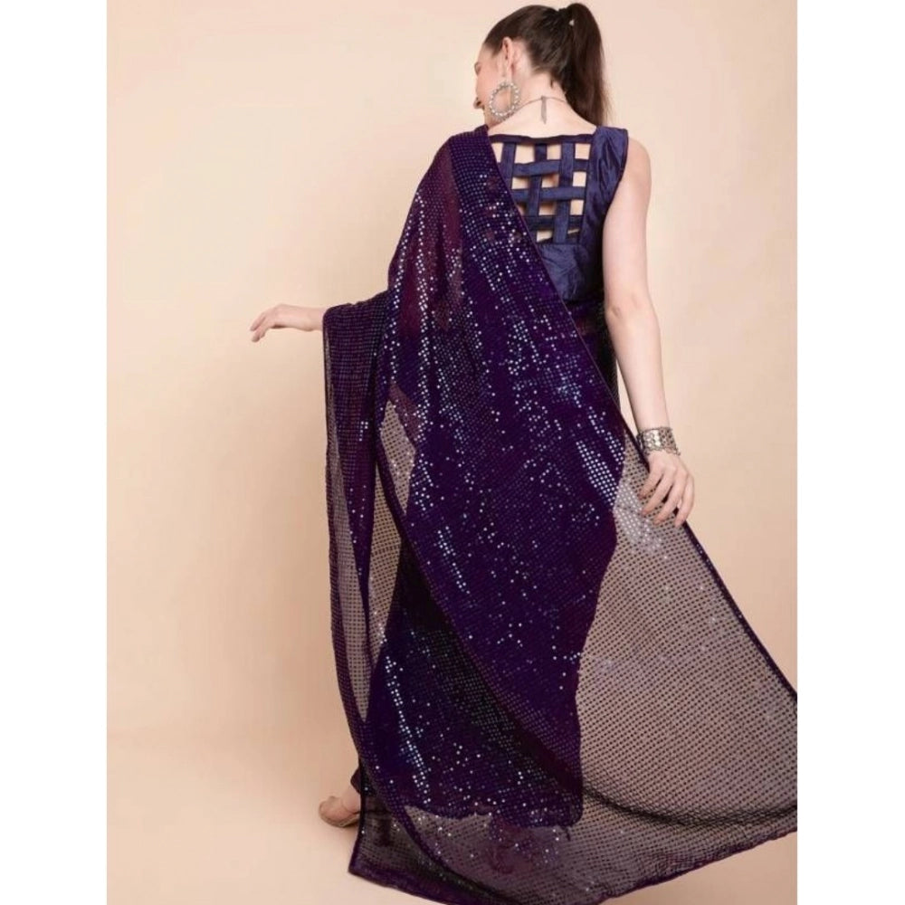 Seduva Women's Georgette Embellished Sequnece Bollywood Saree With Unstitched Blouse 5.5Mtr (Purple)
