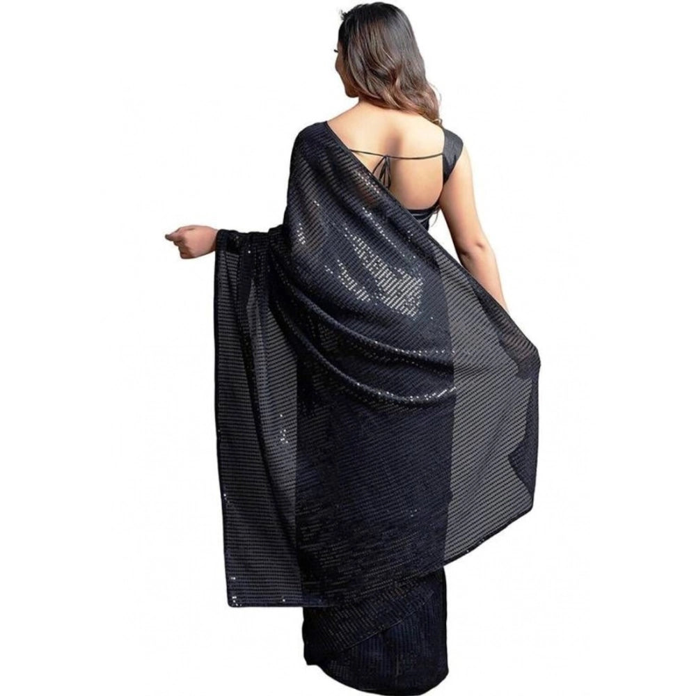 Seduva Women's Georgette Embellished Sequnece Bollywood Saree With Unstitched Blouse 5.5Mtr (Black)