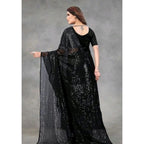 Seduva Women's Georgette Embellished Sequnece Bollywood Saree With Unstitched Blouse 5.5Mtr (Black)