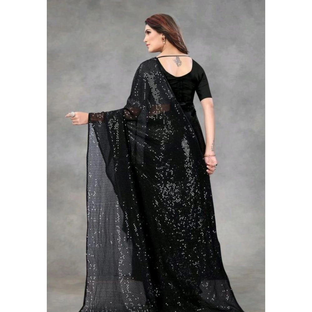 Seduva Women's Georgette Embellished Sequnece Bollywood Saree With Unstitched Blouse 5.5Mtr (Black)