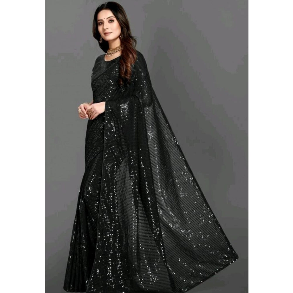 Seduva Women's Georgette Embellished Sequnece Bollywood Saree With Unstitched Blouse 5.5Mtr (Black)