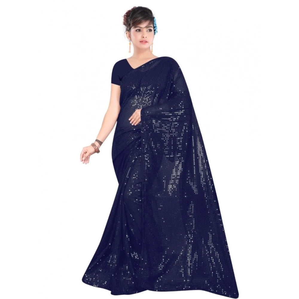 Seduva Women's Georgette Embellished Sequnece Bollywood Saree With Unstitched Blouse 5.5Mtr (Blue)