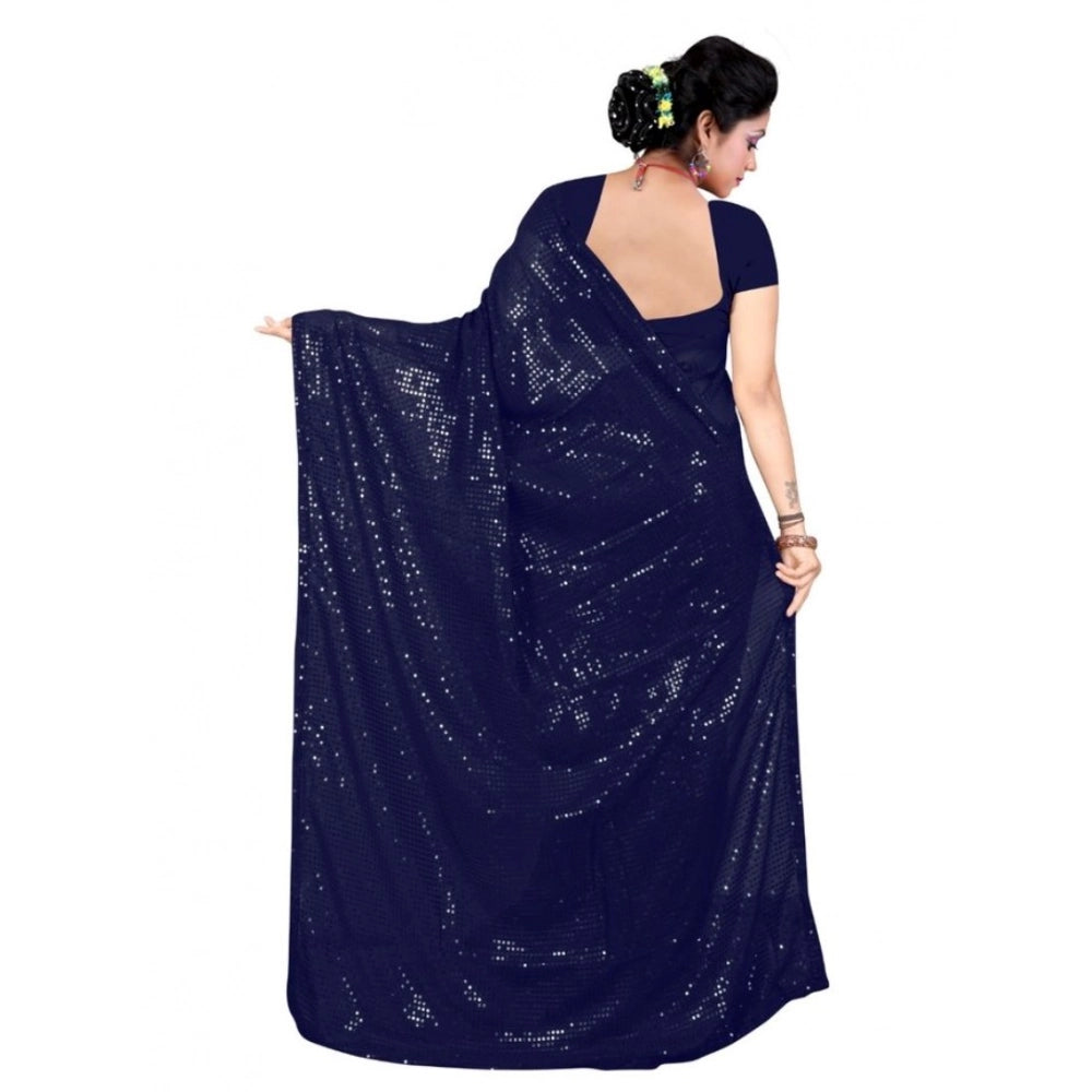 Seduva Women's Georgette Embellished Sequnece Bollywood Saree With Unstitched Blouse 5.5Mtr (Blue)