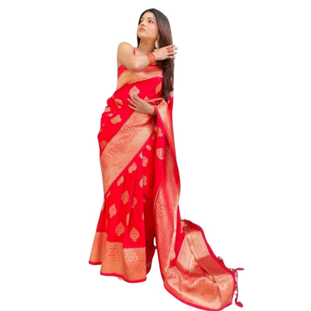 Seduva Women's Silk Printed Saree With Unstitched Blouse 5.5Mtr (Red)