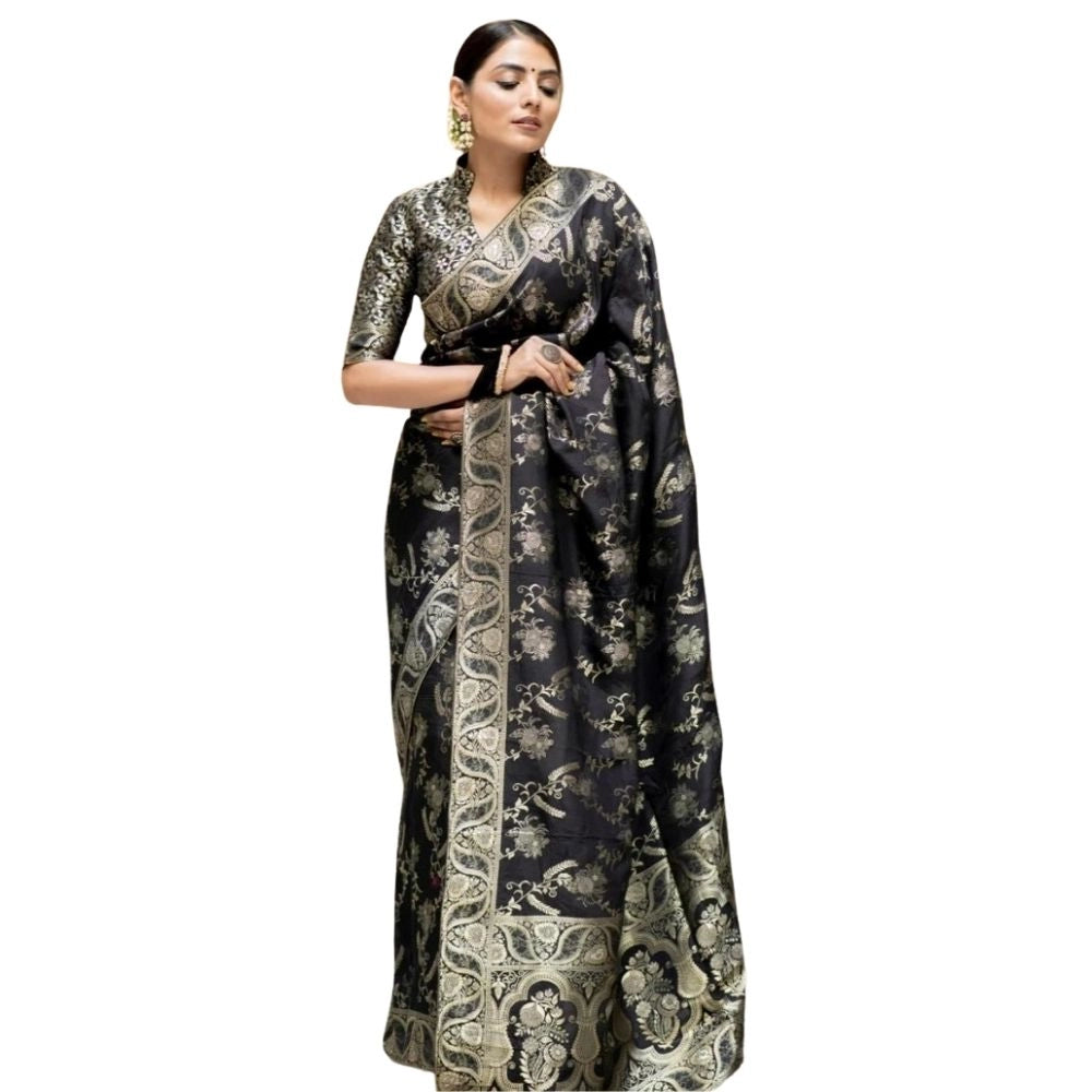 Seduva Women's Silk Printed Saree With Unstitched Blouse 5.5Mtr (Black)