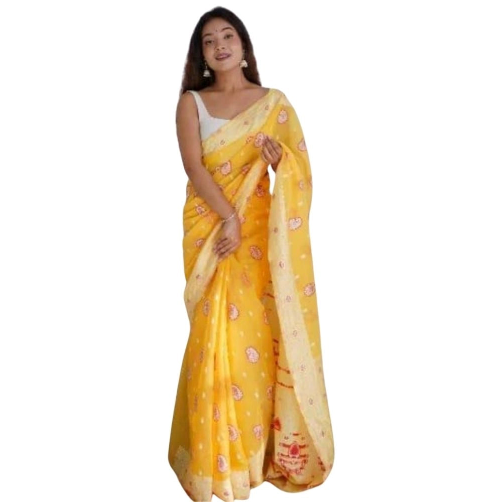 Seduva Women's Cotton  Printed Saree With Unstitched Blouse 5.5Mtr (Yellow)