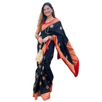 Seduva Women's Silk Printed Saree With Unstitched Blouse 5.5Mtr (Black-Red)