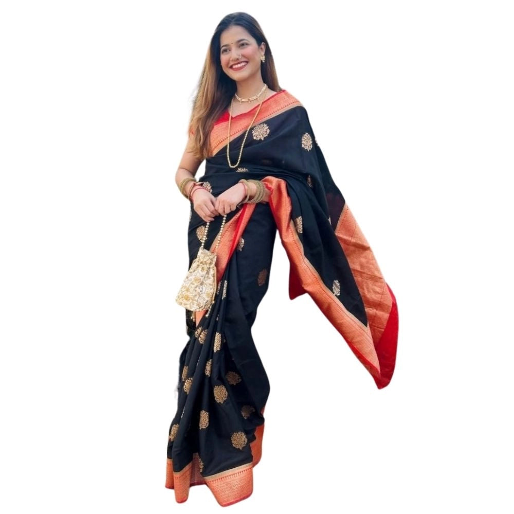 Seduva Women's Silk Printed Saree With Unstitched Blouse 5.5Mtr (Black-Red)