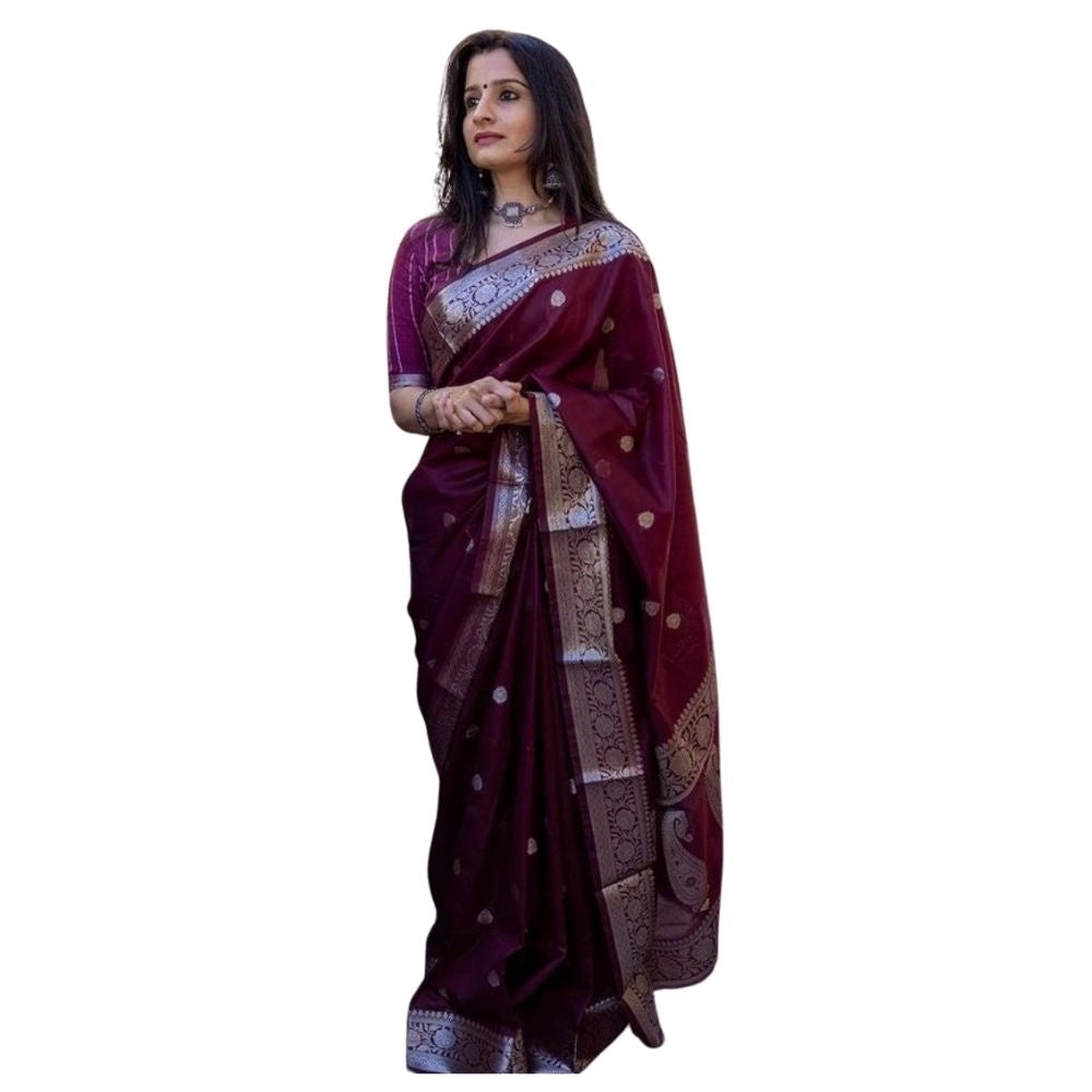 Seduva Women's Cotton  Printed Saree With Unstitched Blouse 5.5Mtr (Maroon)