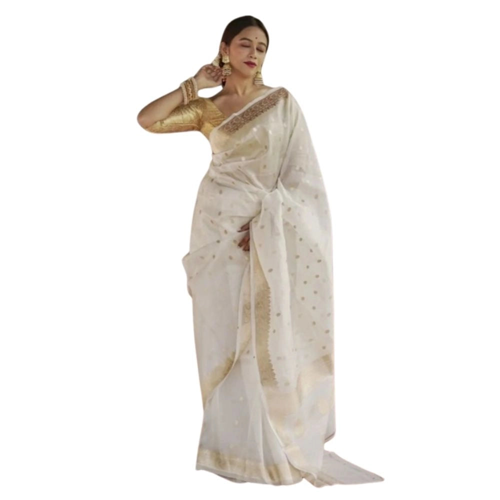 Seduva Women's Cotton  Printed Saree With Unstitched Blouse 5.5Mtr (White)