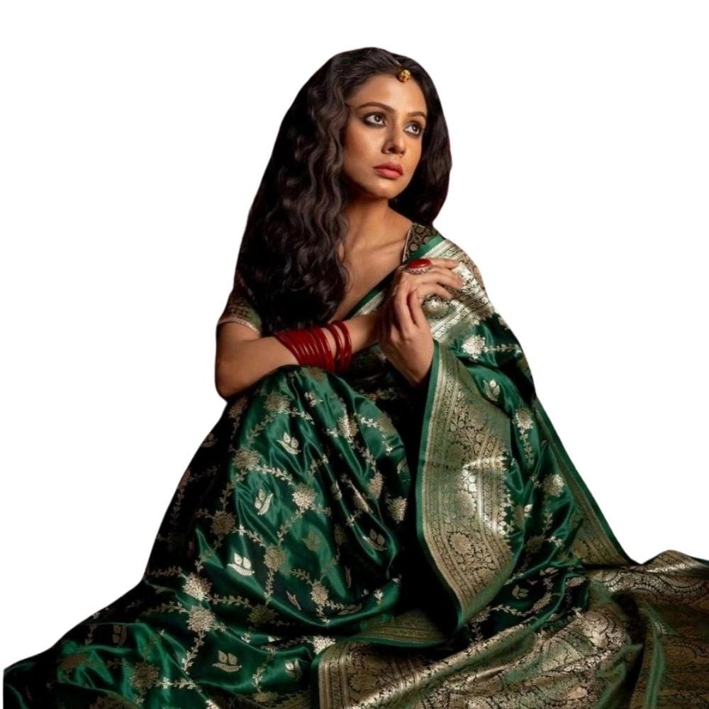 Seduva Women's Silk Printed Saree With Unstitched Blouse 5.5Mtr (Dark Green)