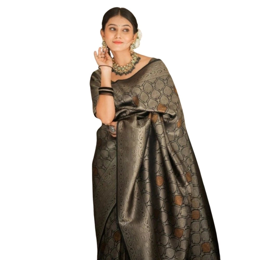 Seduva Women's Silk Printed Saree With Unstitched Blouse 5.5Mtr (Black)