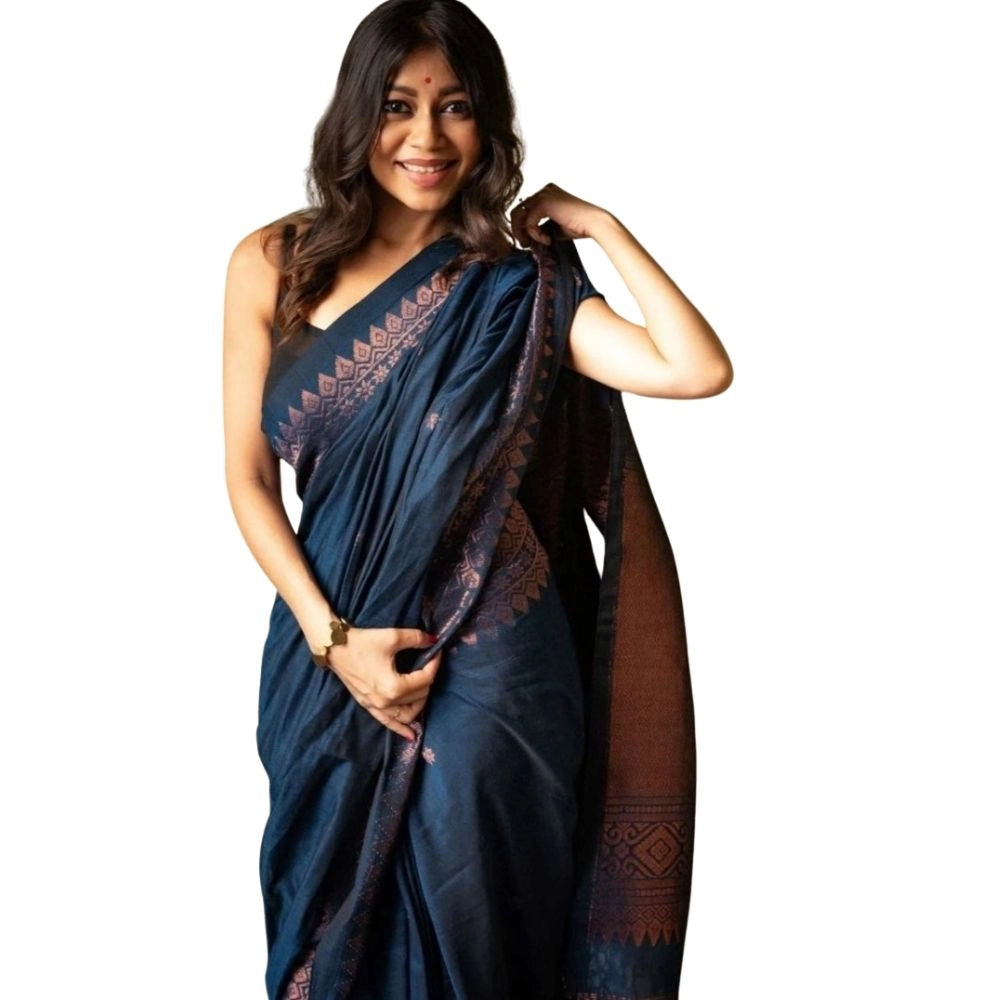 Seduva Women's Silk Printed Saree With Unstitched Blouse 5.5Mtr (Navy Blue)