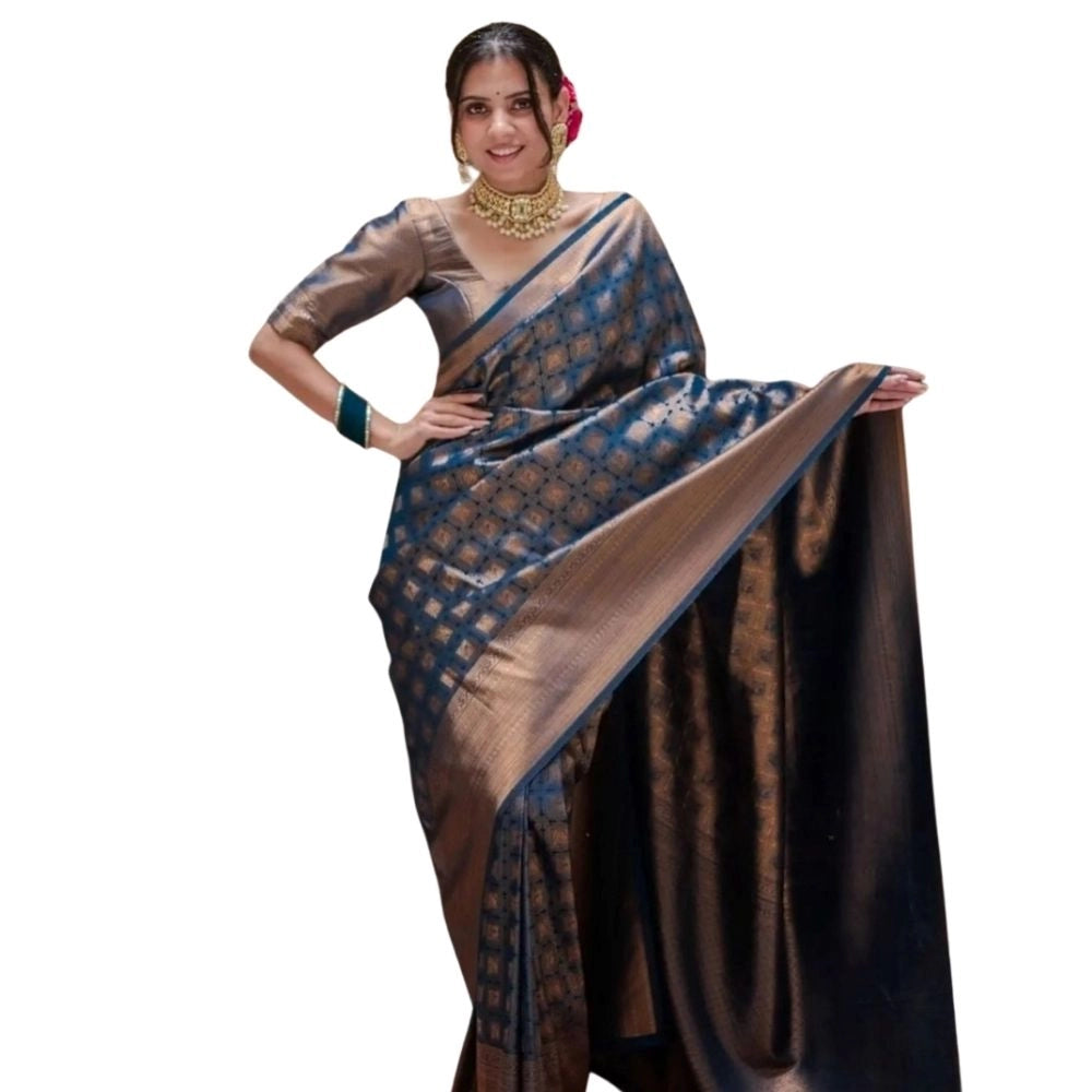 Seduva Women's Silk Printed Saree With Unstitched Blouse 5.5Mtr (Blue)
