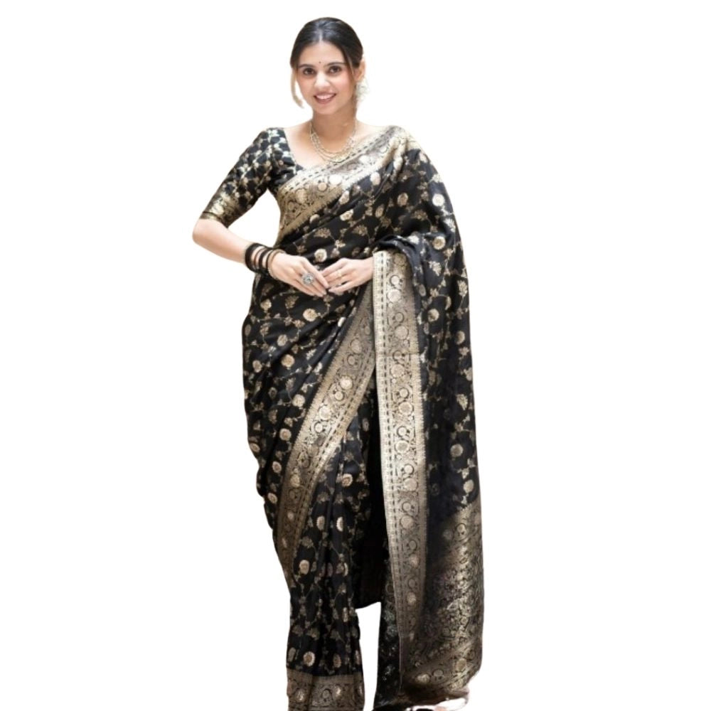 Seduva Women's Silk Printed Saree With Unstitched Blouse 5.5Mtr (Black)