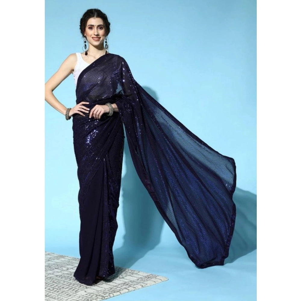 Seduva Women's Georgette Embellished Sequnece Bollywood Saree With Unstitched Blouse 5.5Mtr (Blue)